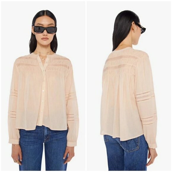 💕XIRENA💕 Allie Shirred Lace-Inset Cotton Shirt ~ Sepia Large NWT - Picture 1 of 16